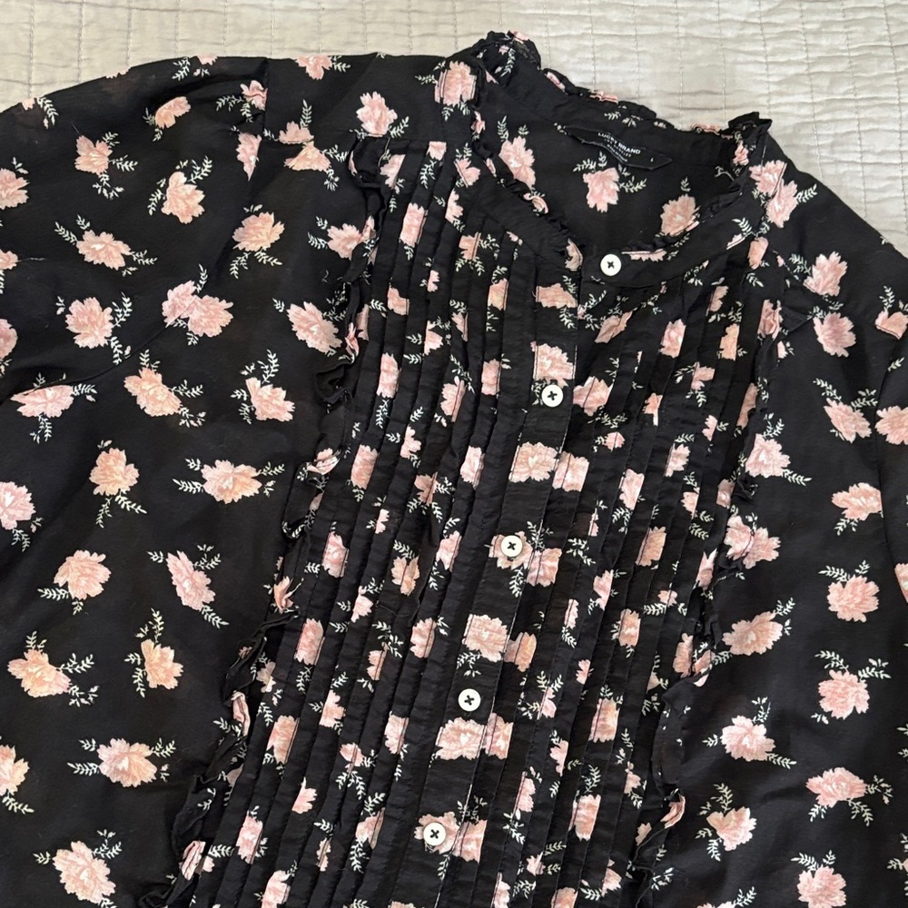 Lucky Brand Black & Blush Pink Floral Pintuck Ruffle Blouse - Large